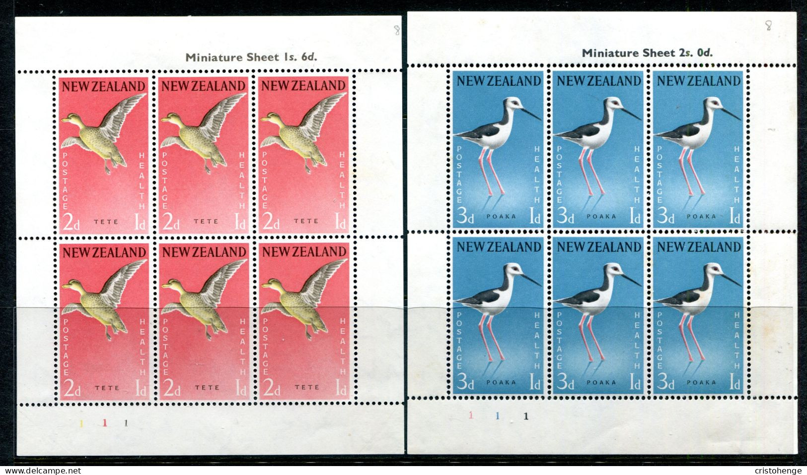 New Zealand 1959 Health - Birds MS Set Of 2 HM (SG MS777c) - Unused Stamps