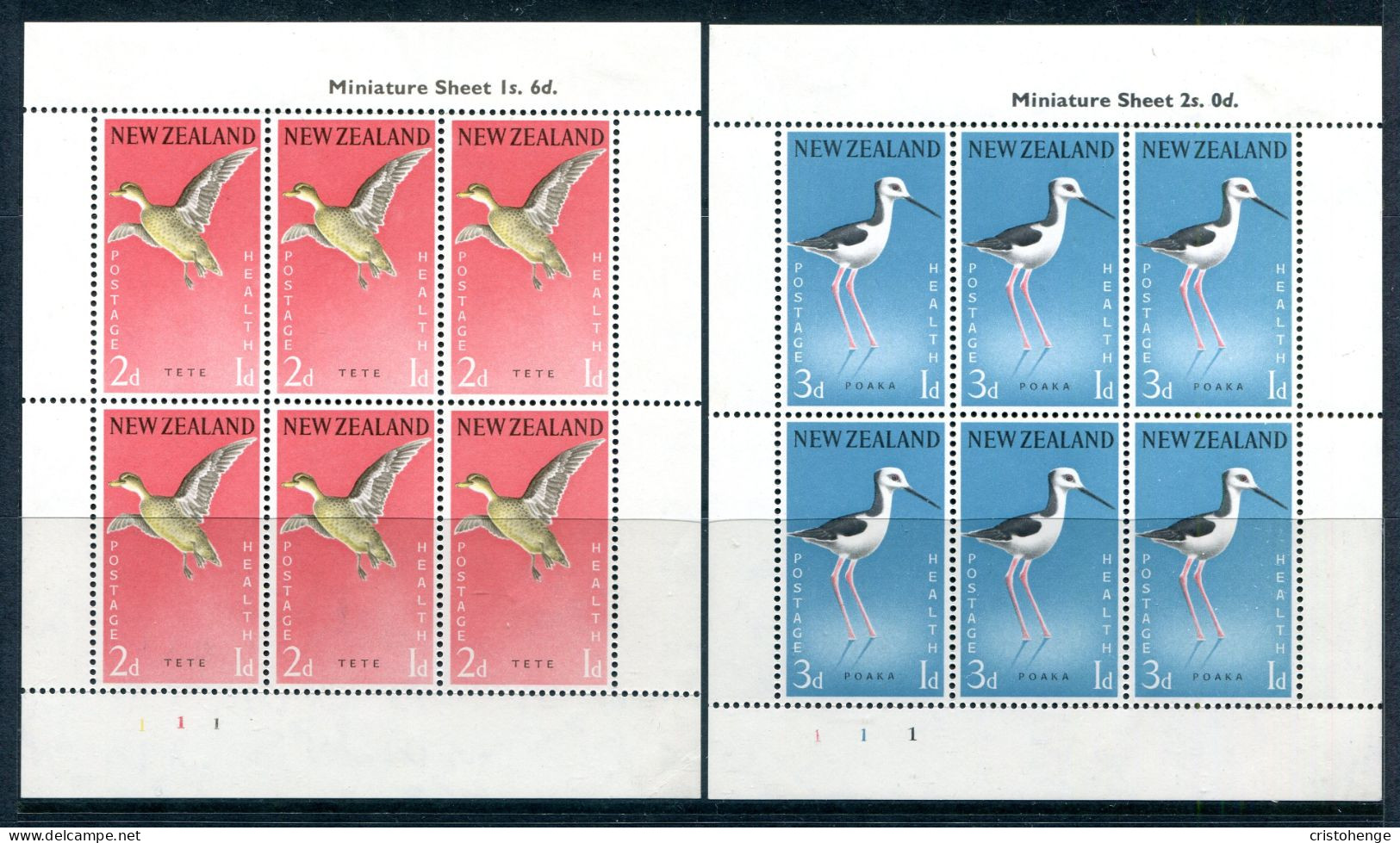 New Zealand 1959 Health - Birds MS Set Of 2 HM (SG MS777c) - Ongebruikt