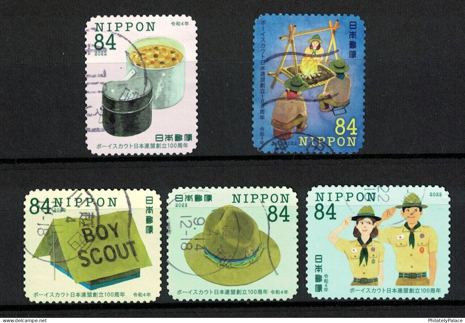 JAPAN 2022 100 YEARS OF SCOUTING IN JAPAN, SCOUT,CAMP FIRE,FOOD, COMP. SET OF 5 STAMPS ODD SHAPED USED (**) - Used Stamps