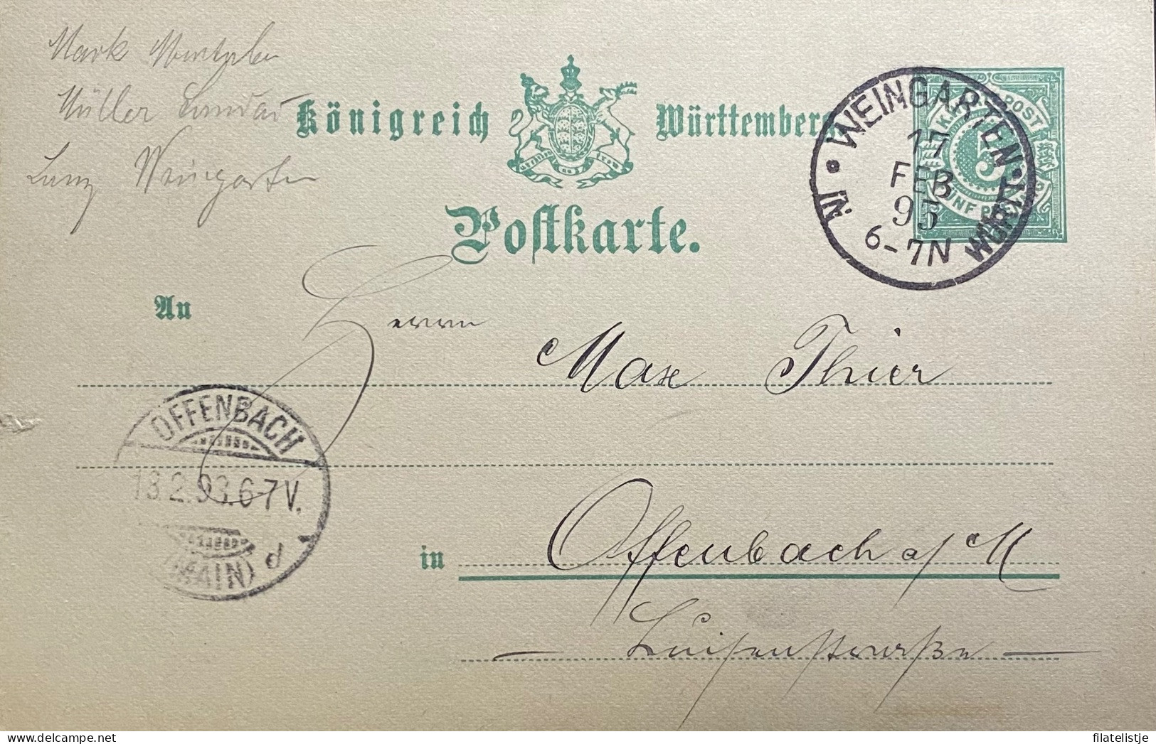 Postkaart Van Weingarten Naar Offenbach 1895 - Otros & Sin Clasificación