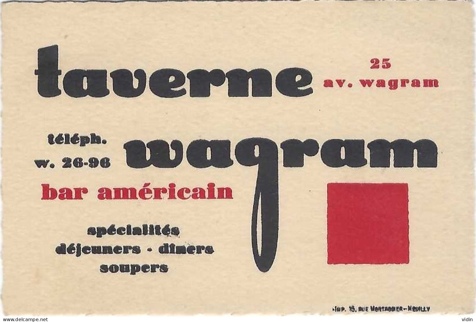 Carte Taverne WAGRAM Paris Bar Américain - Cartes De Visite