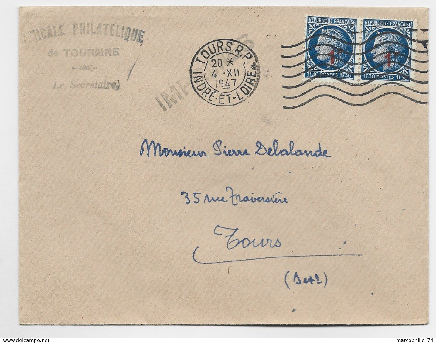 FRANCE MAZELIN N° 791 PAIRE LETTRE MEC TOURS RP 4.XII.1947 TARIF IMPRIME - 1945-47 Ceres (Mazelin)