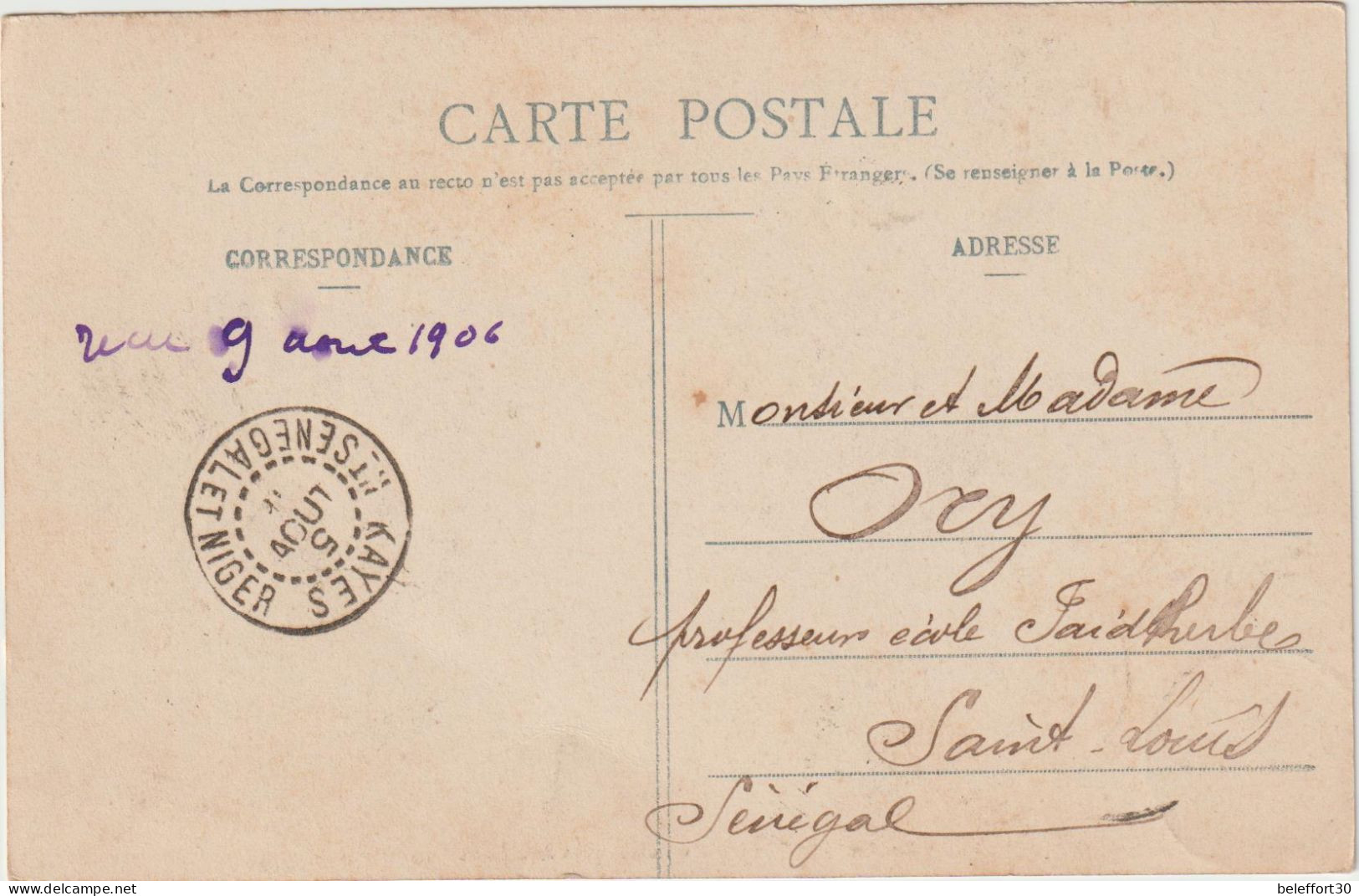CP 10c Sénégambie Et Niger O. Cad Kayes Senegal Et Niger 1906 -> Saint Louis Soudan - Lettres & Documents