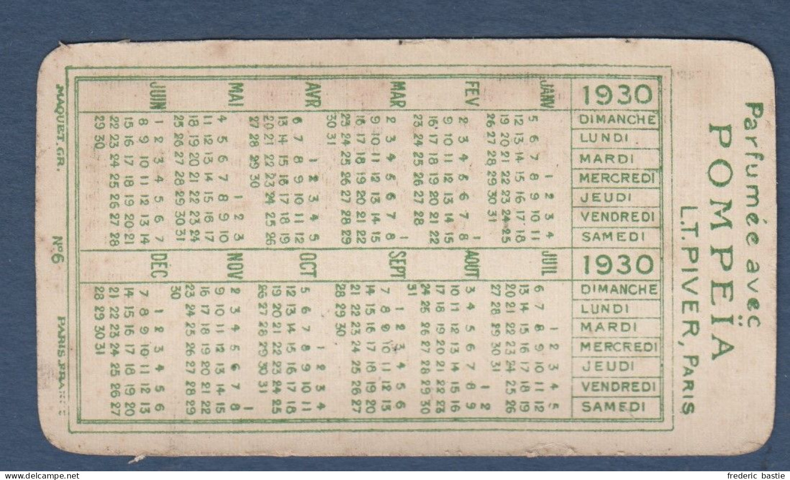 Cartes Parfumée POMPEÏA  - Calendrier 1930 - Unclassified