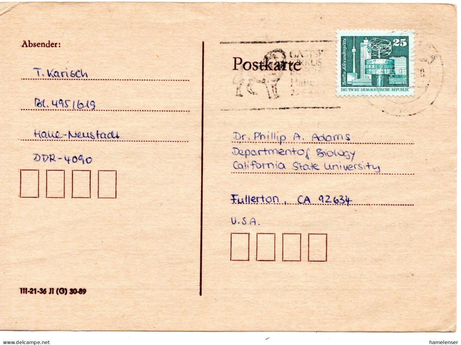 65694 - DDR - 1990 - 25Pfg Kl.Bauten EF A Kte HALLE -> Fullerton, CA (USA) - Brieven En Documenten