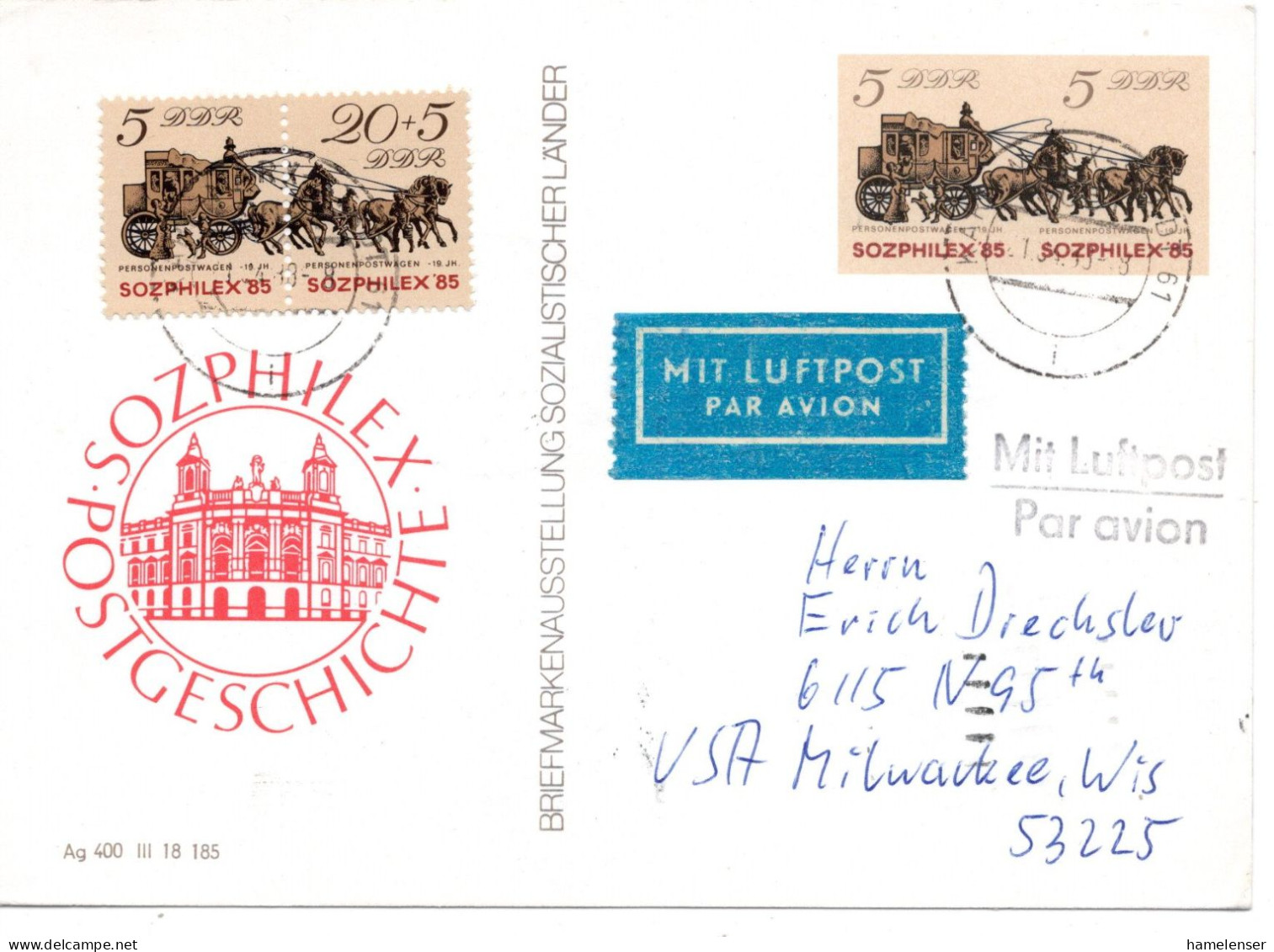 65697 - DDR - 1988 - 5&5Pfg SOZPHILEX LpGASoKte M ZusFrankatur KARL-MURX-STADT -> Milwaukee, WI (USA) - Lettres & Documents