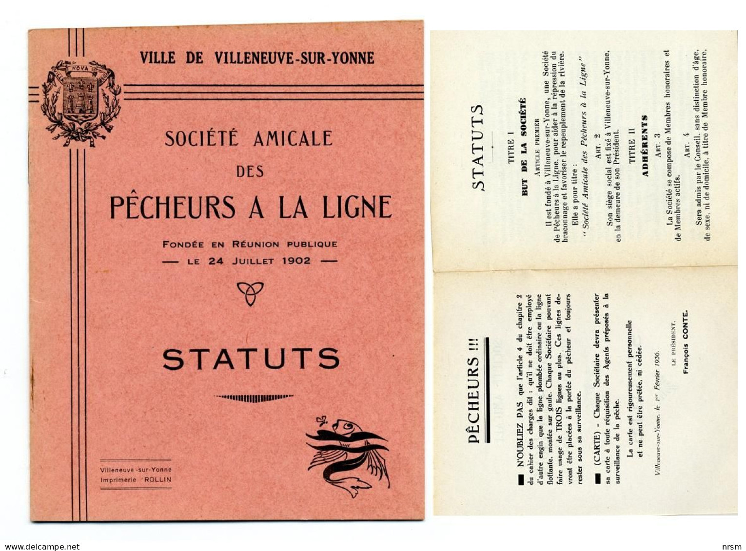 Matériel De Pêche / Collection Thème Pêche / Anciens Statuts De La Société Amicale Des Pêcheurs De Villeneuve Sur Yonne - Pesca