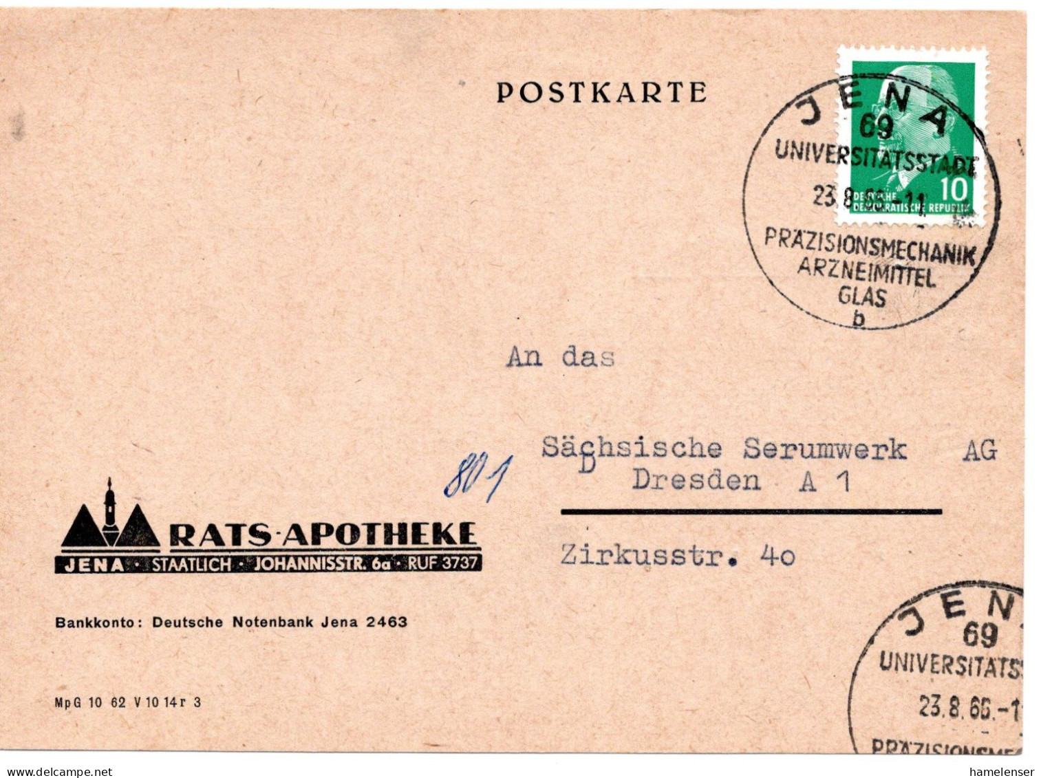 65699 - DDR - 1966 - 10Pfg Ulbricht EF A Kte JENA - ... -> Dresden - Pharmazie