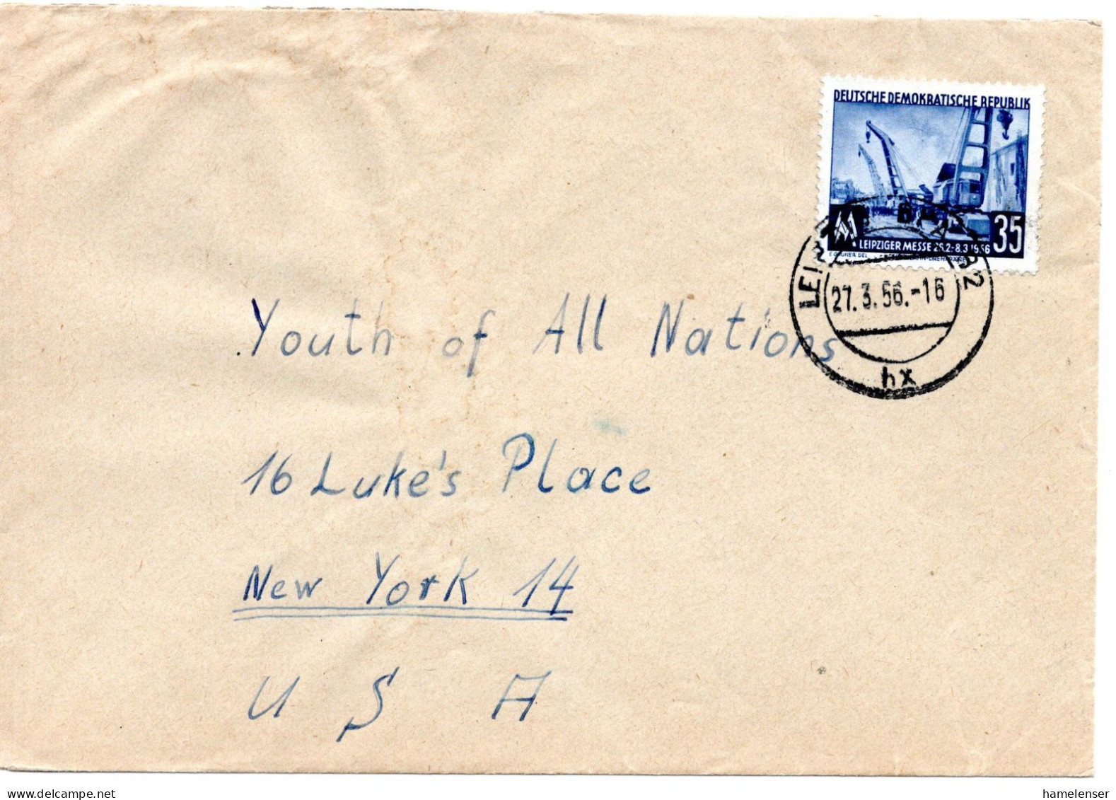 65700 - DDR - 1956 - 35Pfg Leipziger Messe EF A Bf LEIPZIG -> New York, NY (USA) - Lettres & Documents