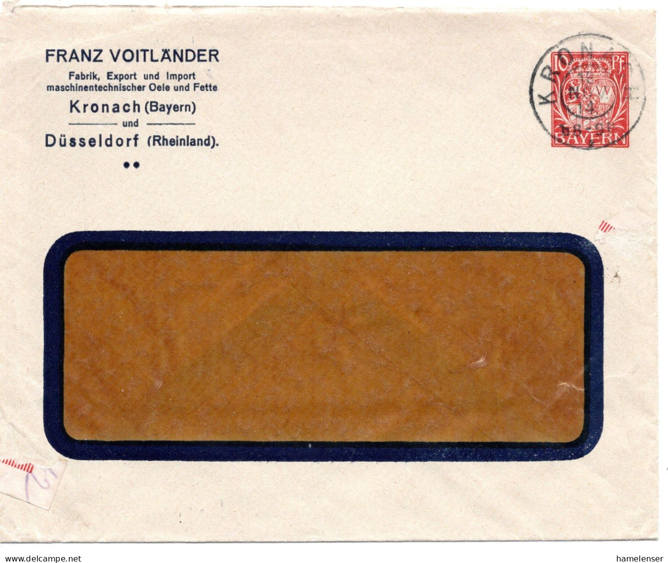 65701 - Altdeutschland / Bayern - 1914 - 10Pfg Wappen PGAUmschlag KRONACH -> ?? - Postal  Stationery