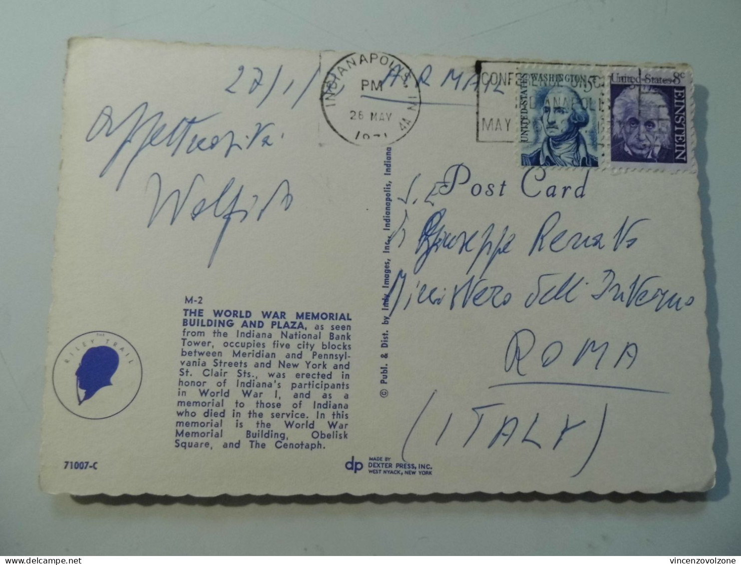 Cartolina  Viaggiata Per L' Italia "INDIANAPOLIS THE WORLD WAR MEMORIAL" Ministero Interno, Roma 1971 - Indianapolis