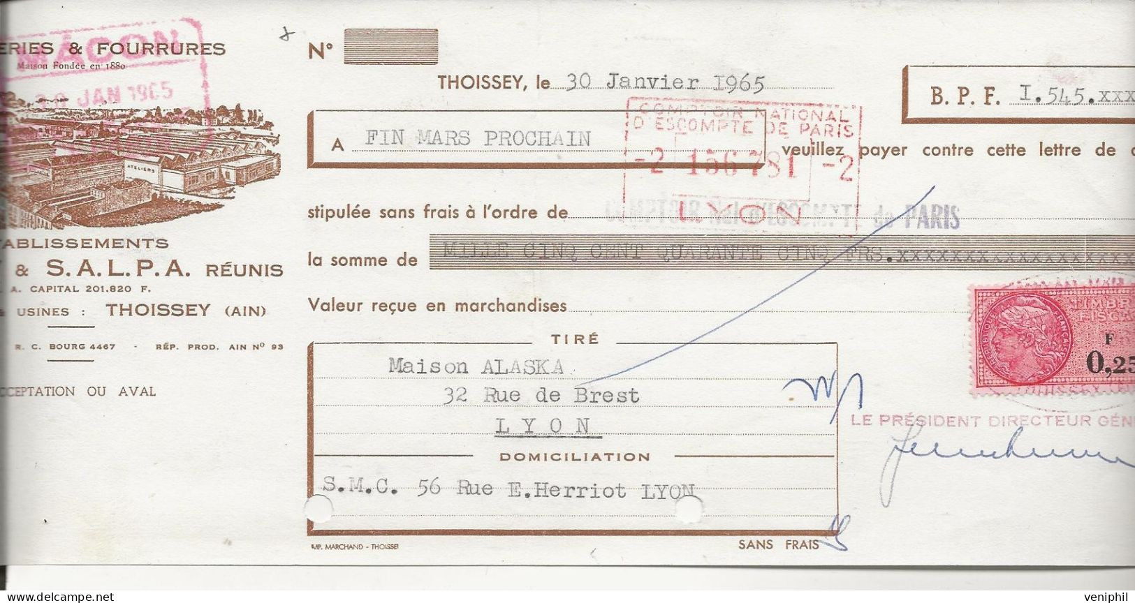 LETTRE DE CHANGE -PELLETERIES ET FOURRURES  + 01 THOISSEY - Lettres De Change