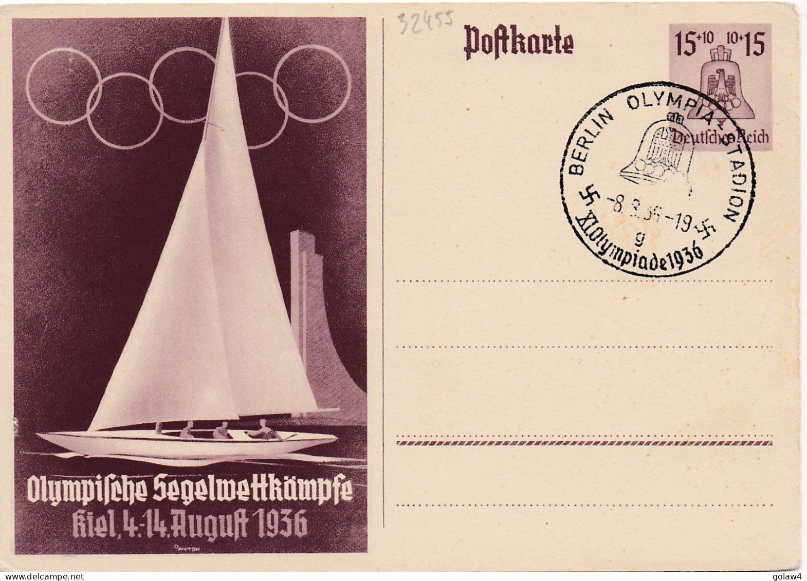 32455# ENTIER POSTAL POSTKARTE GANZSACHE JEUX OLYMPIQUES 1936 VOILIER KIEL Obl BERLIN OLYMPIA STADION XI OLYMPIADE - Sommer 1936: Berlin