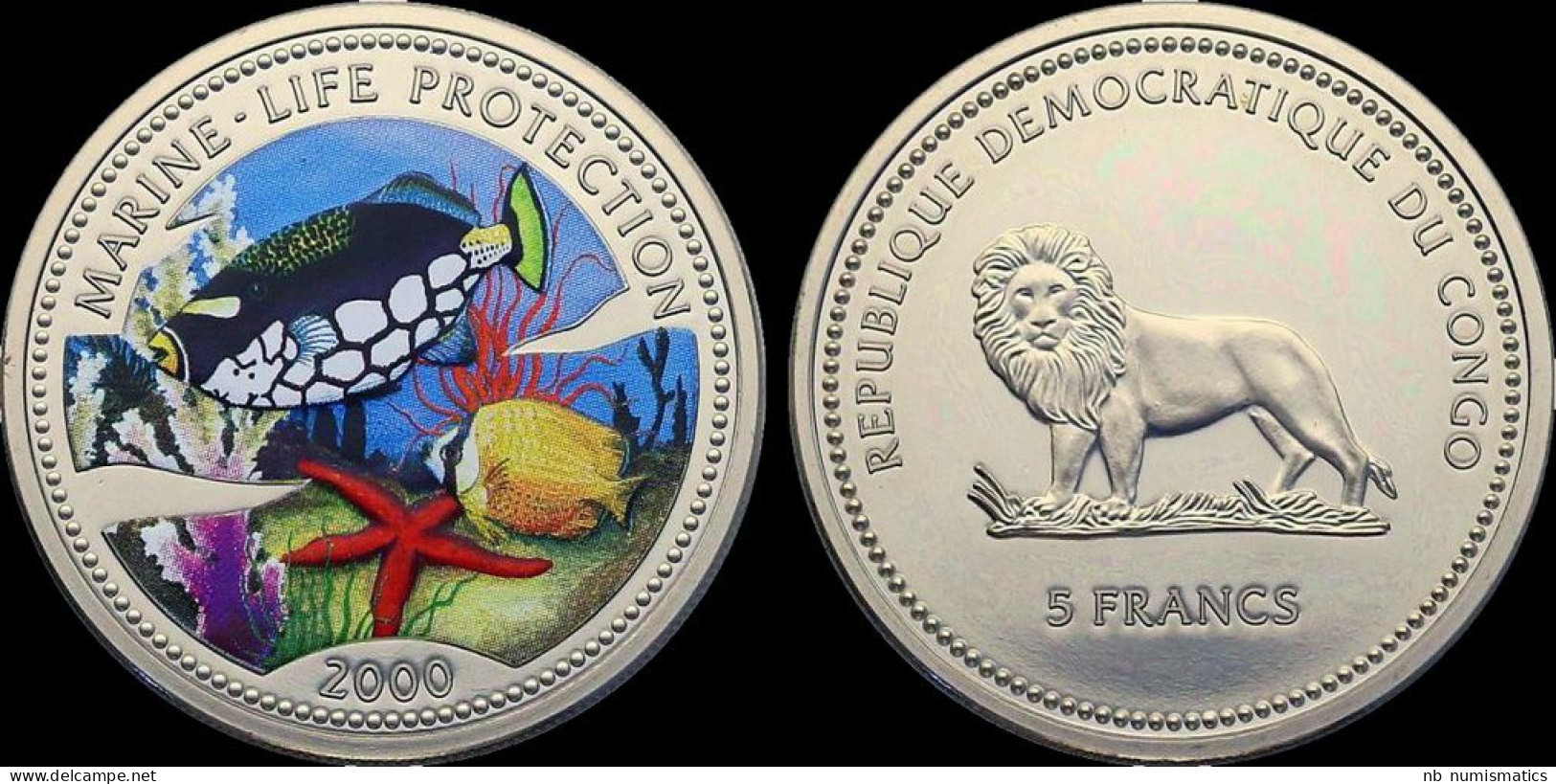 Republique Democratique Du Congo 5 Francs 2000 Marine-life Protection Proof In Plastic Capsule - Congo (Repubblica Democratica 1998)
