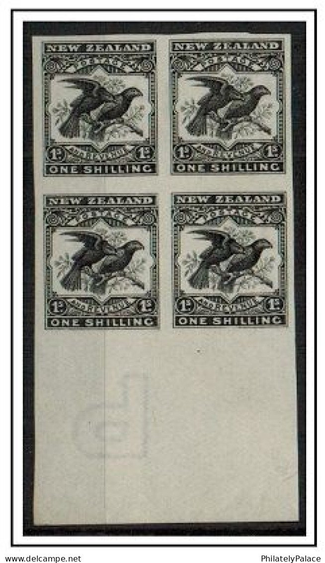 NEW ZEALAND - 1900 1/- 'IMPERFORATE PLATE PROOF' Bird, Aves Block Of Four In Black (**) VERY RARE - Ongebruikt