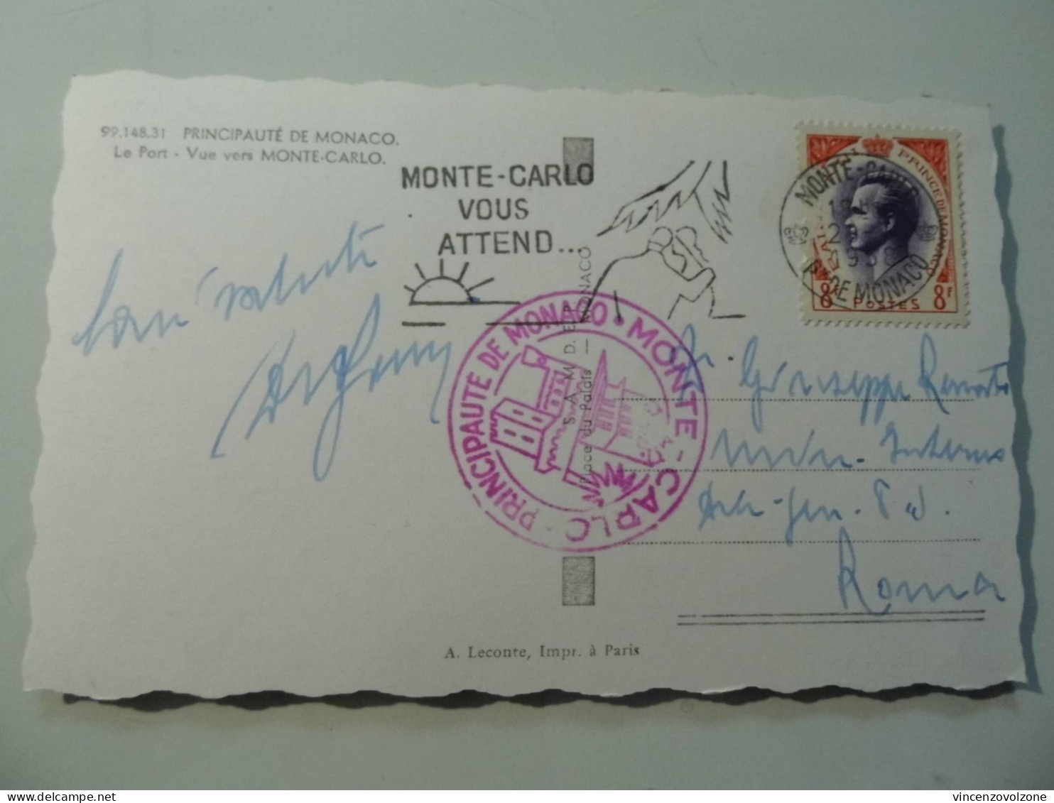 Cartolina  Viaggiata Per L'italia "PRINCIPAUTE' DU MONACO Vue Vers Monte Carlo" Ministero Interni Roma 1958 - Monte-Carlo