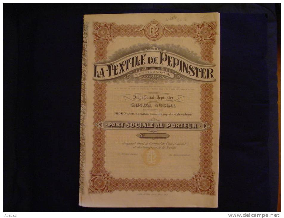 La Textile De Pepinster (Verviers) Part Sociale  1921 Excellent état - Tessili