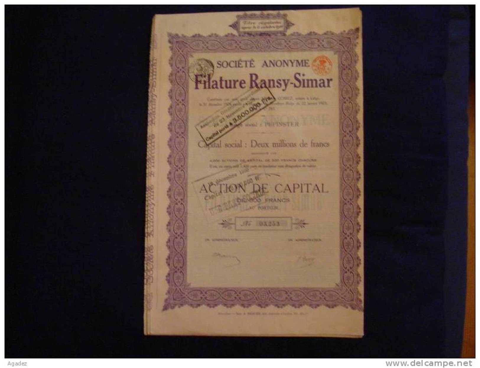 Action " Filature Ransy-Simar " Pepinster (Verviers) 1925 Excellent état. - Textiel