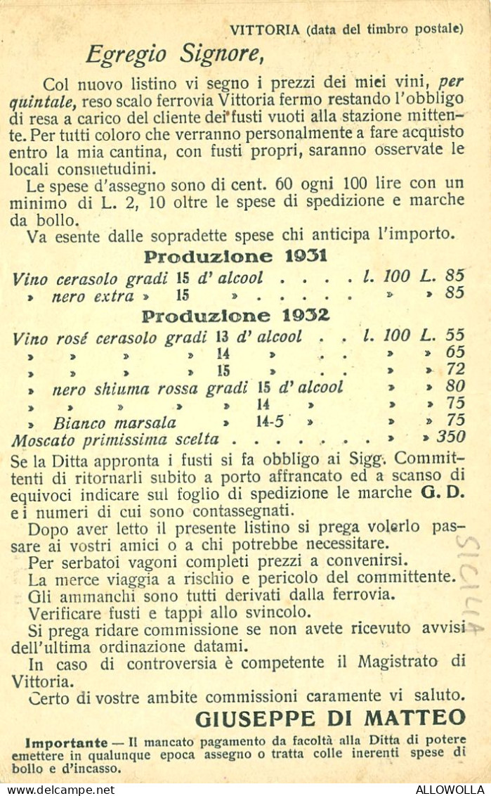 20311 " GIUSEPPE DI MATTEO-NEGOZIANTE E COMMISSIONARI IN VINI-VITTORIA(RAGUSA) "-CART. POST. SPED. - Marchands