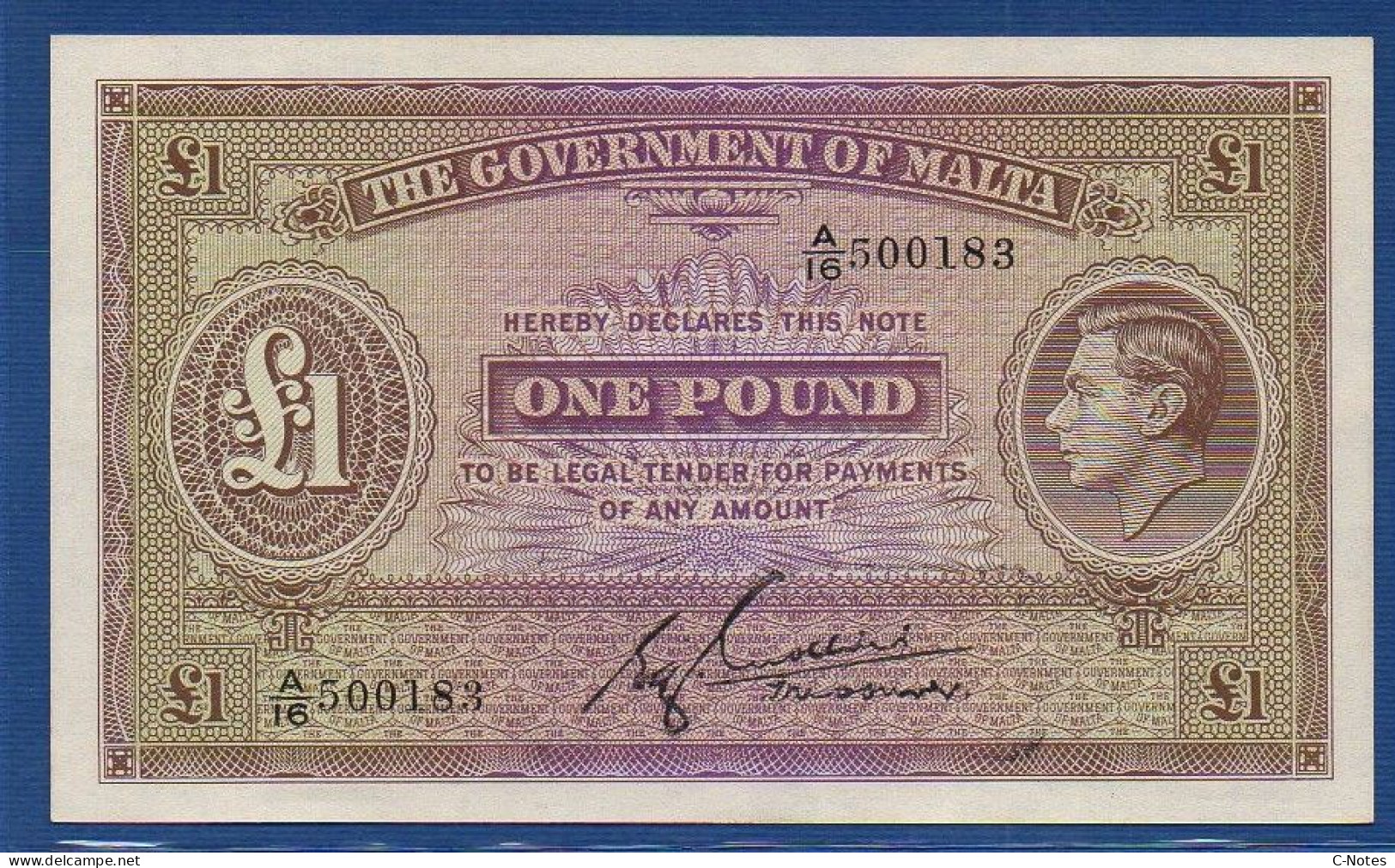 MALTA - P.20b – 1 Pound ND (1940) UNC, S/n A/16 500183  "George VI" Issue - Malta