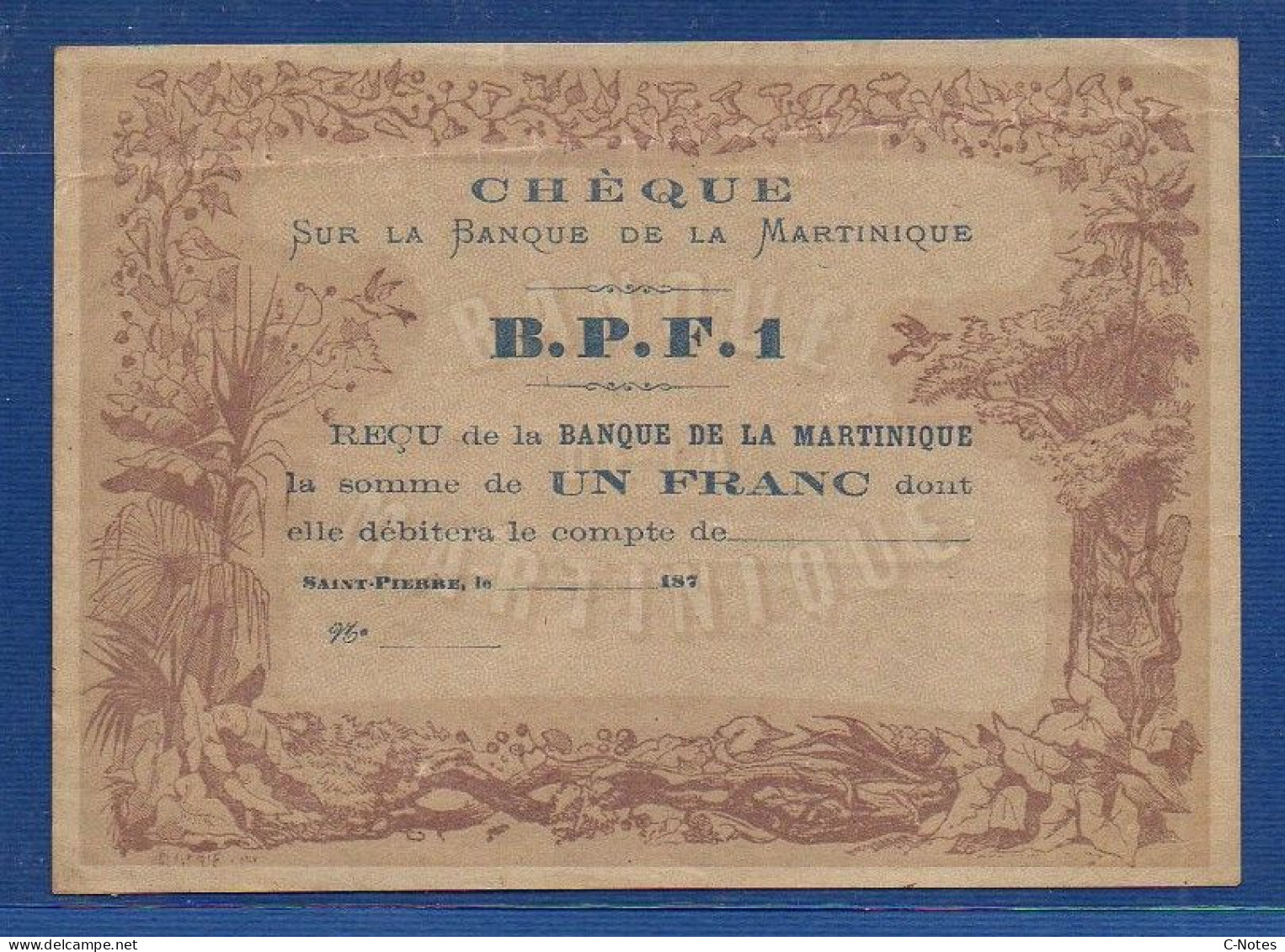 MARTINIQUE - P. 5A – 1 Franc 1870's XF+, NO S/n - Otros – América