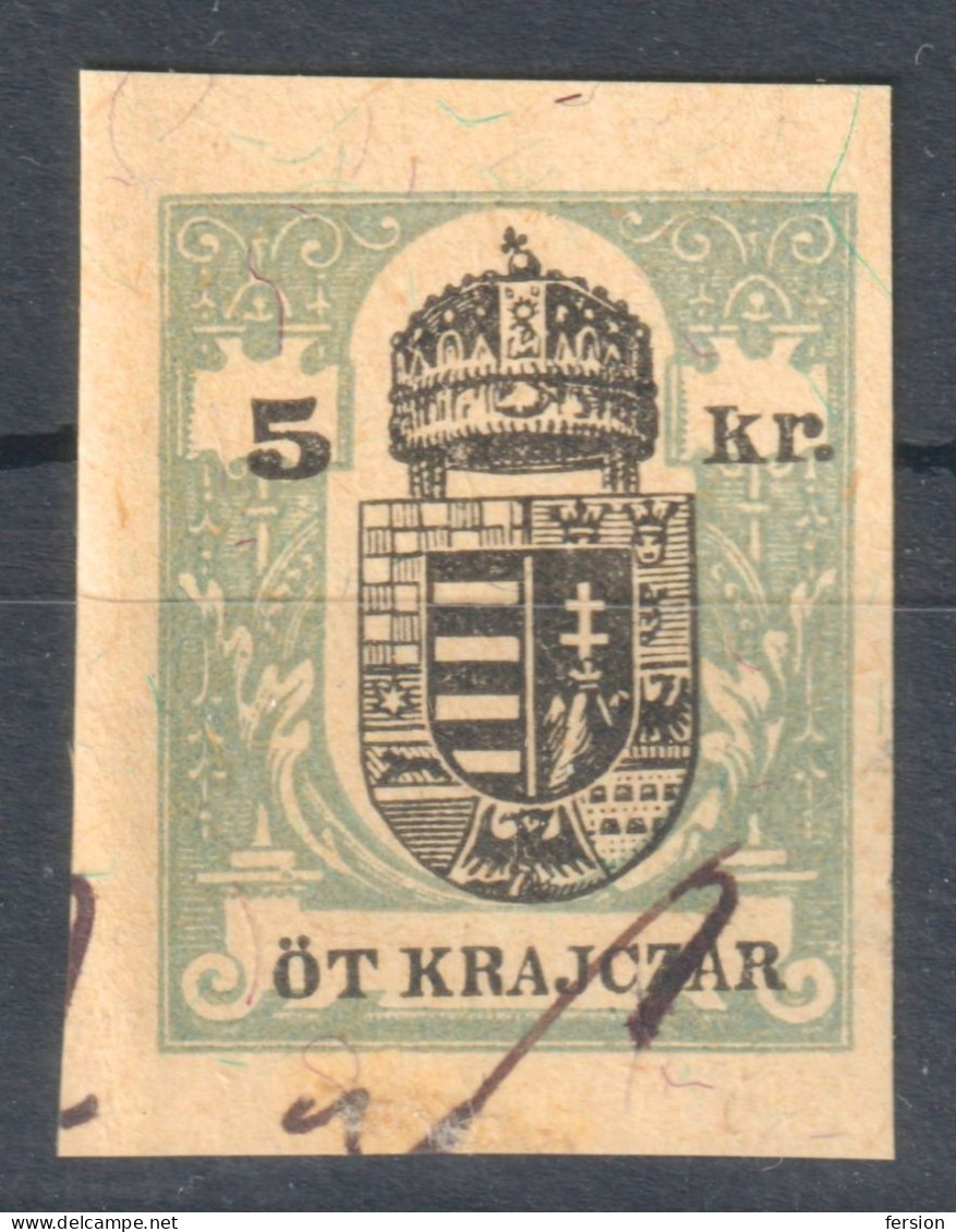 1890's Hungary - REVENUE TAX Stamp - Animal Passport CUT -  5 Kr Blue - Coat Of Arms Croatia Fiume Transylvania - Fiscales