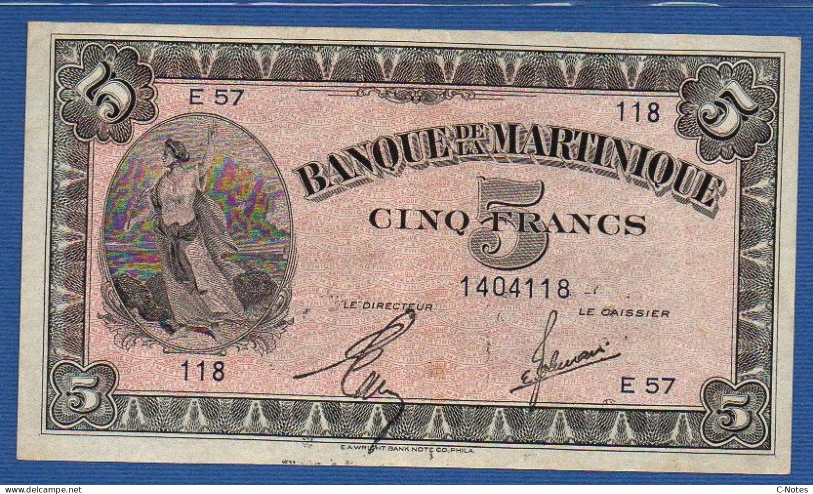 MARTINIQUE - P.16b2 – 5 Francs ND (1942) VF+, S/n E57 118 - Other - America