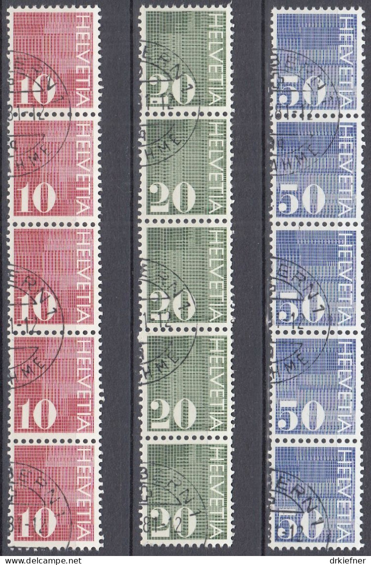 SCHWEIZ  933-35 R II, 5erStreifen Nummer Vierstellig, Gestempelt, Ziffer Auf Muster, 1970 - Rollen