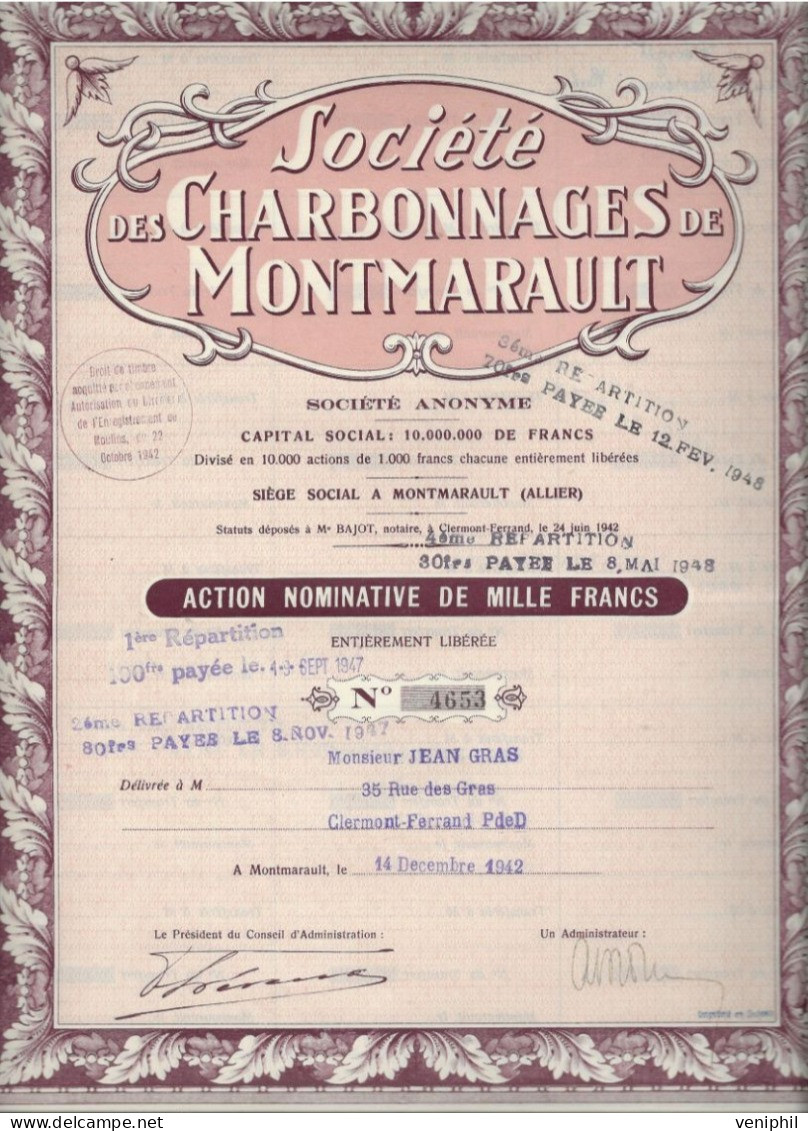 SOCIETE DES CHARBONNAGES DE MONTMARAULT - ALLIER - LOT DE 10 ACTIONS - ANNEE 1942 - Tessili