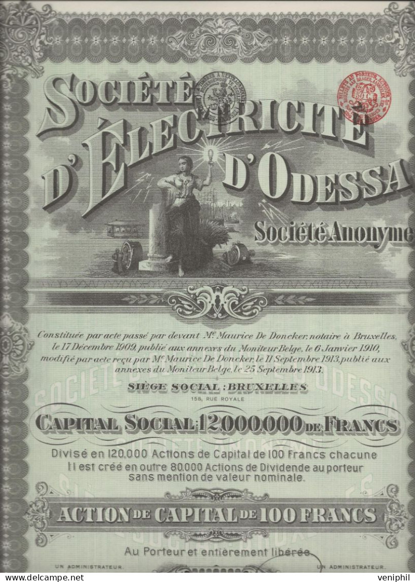 SOCIETE D'ELECTRICITE D'ODESSA   - ACTION DE 100 FRS - ANNEE 1913 - Electricity & Gas