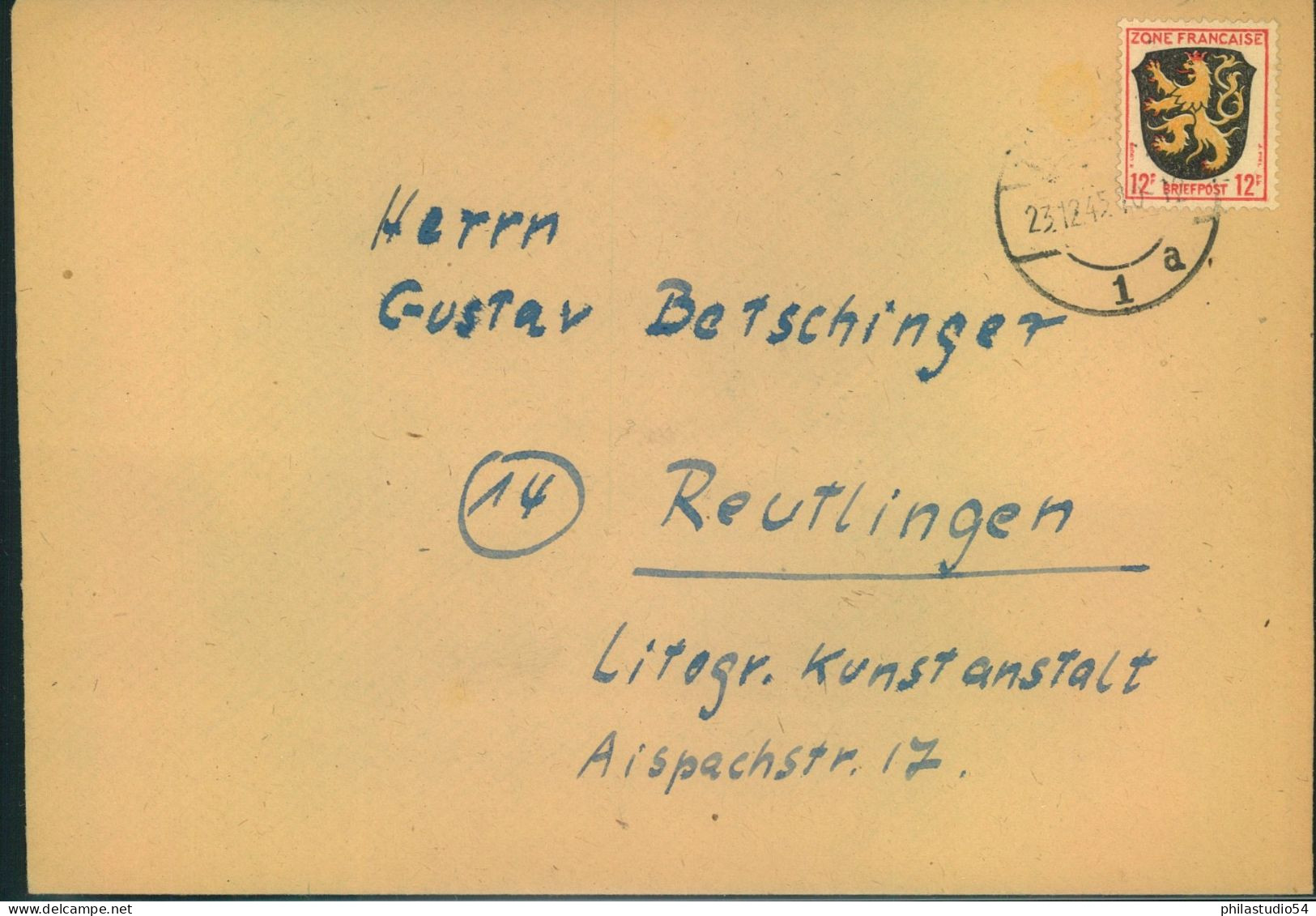 1945, 23.12., Fernbrief Aus TÜBINGEN Mit 12 F Allgemeine Ausgabe. Seltene Frühverwendung - Amtliche Ausgaben