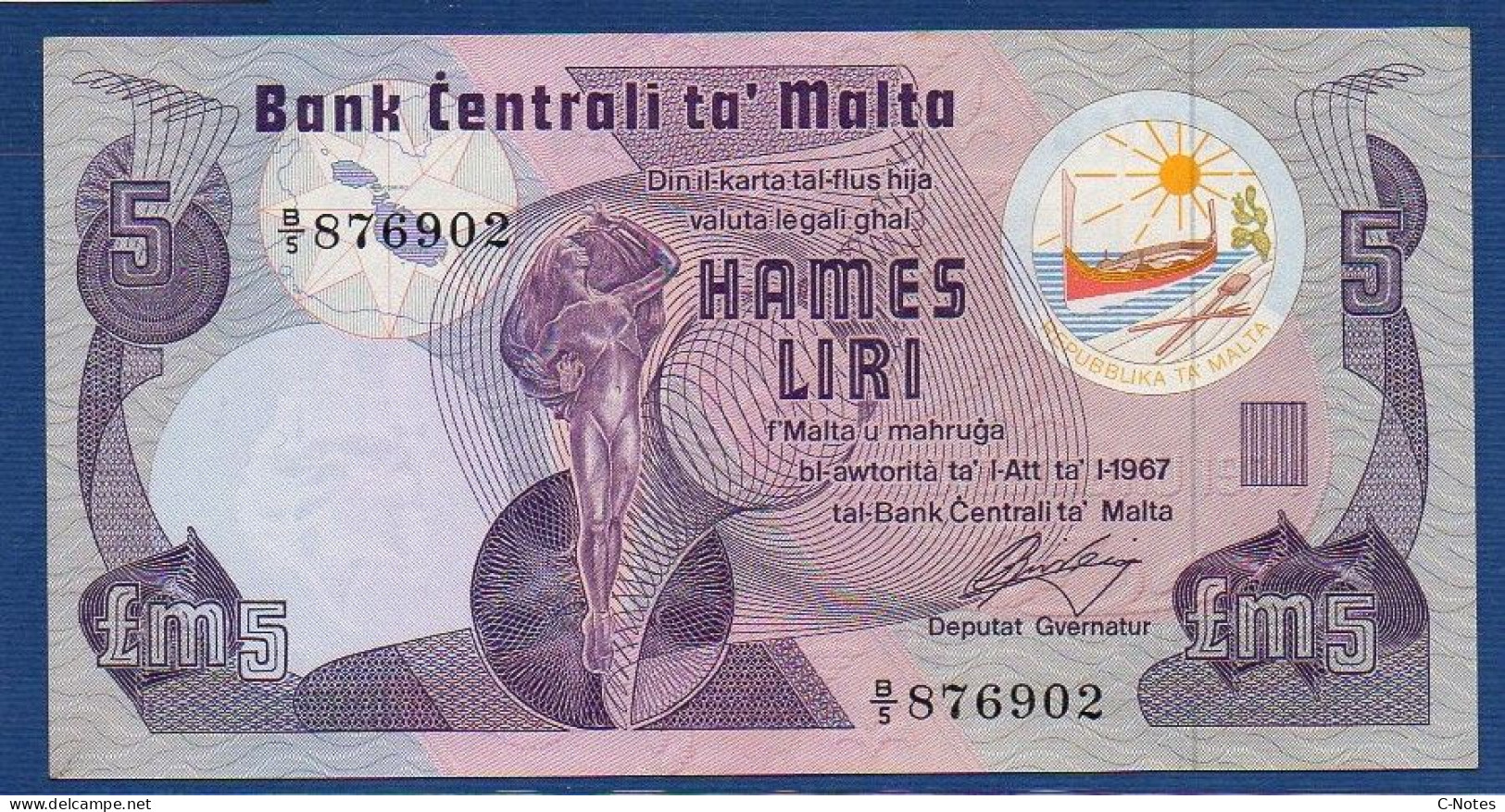 MALTA - P.35a – 5 Liri / Pounds L. 1967 (1979) AUNC, S/n B/5 876902 - Malte