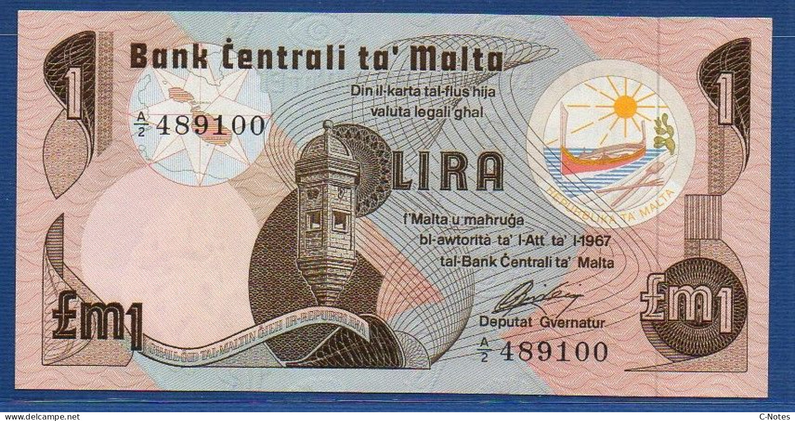 MALTA - P.34a – 5 Lira / Pound L. 1967 (1979) UNC, S/n A/2 489100 - Malta