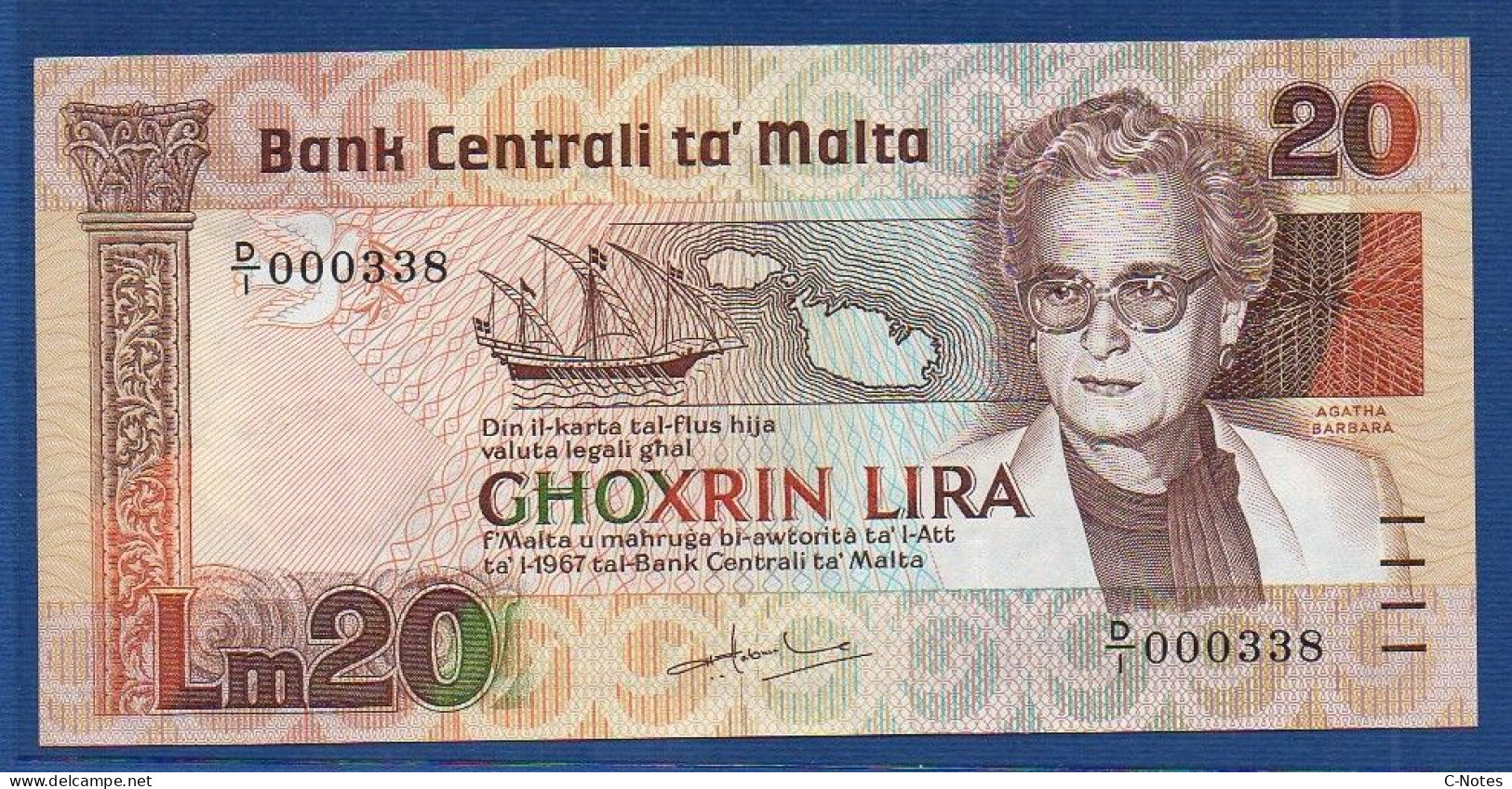 MALTA - P.40 – 20 Liri L. 1967 (1986) UNC, S/n D/I 000338 "Agata Barbara" Issue  - LOW NUMBER - Malte