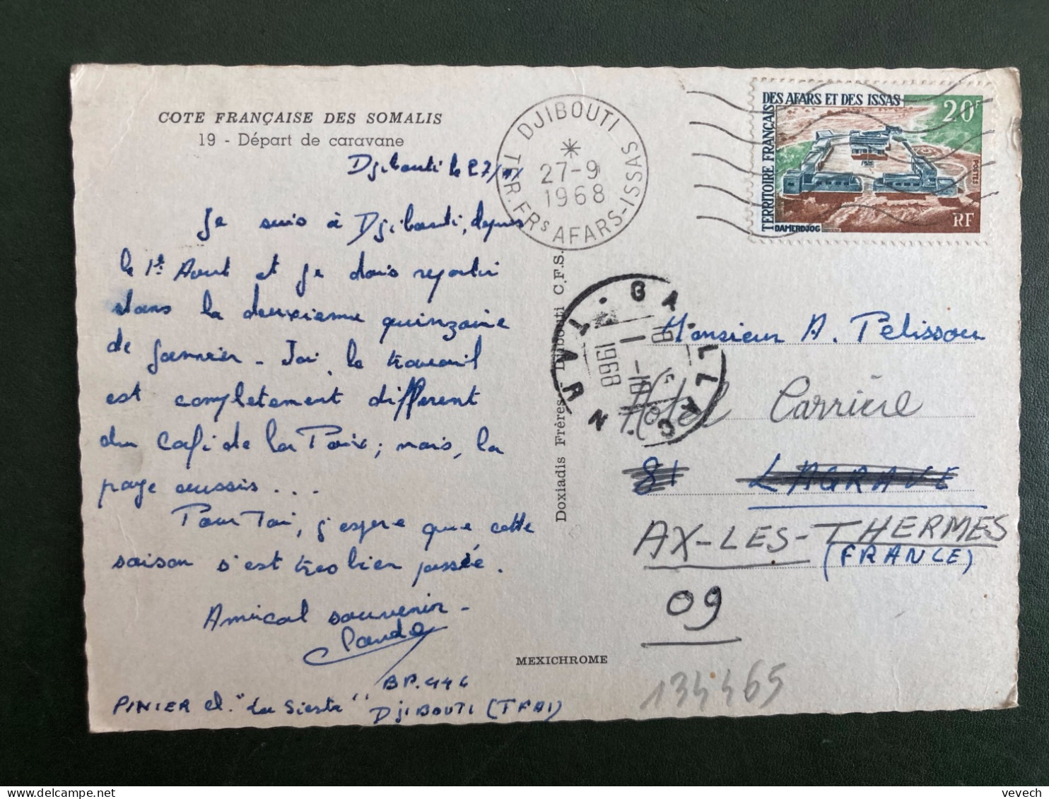 CP Pour La FRANCE TP DAMERDJOG 20F OBL.MEC27-9 1968 DJIBOUTI - Lettres & Documents