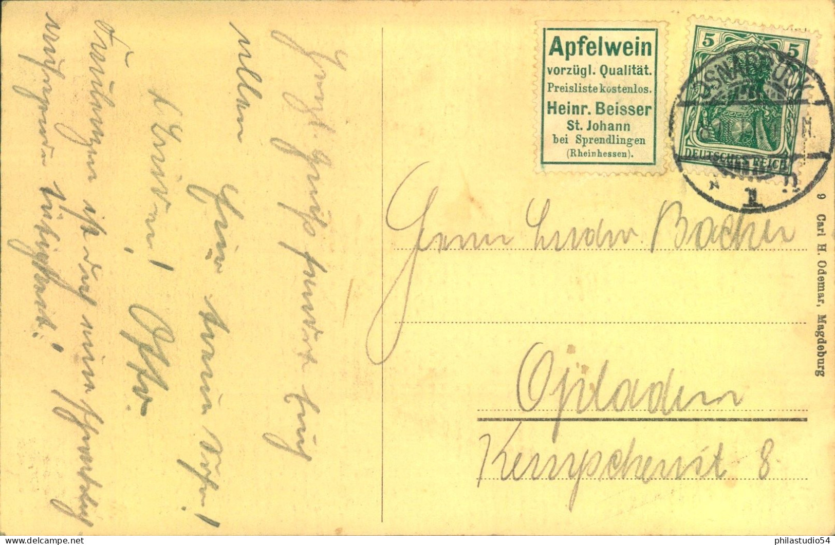 1911, Ansichtskarte Ab OSNABRÜCK Mit 5 Pfg. Germania Und Reklame "Apfelwein" Neben Geklebt - Covers & Documents