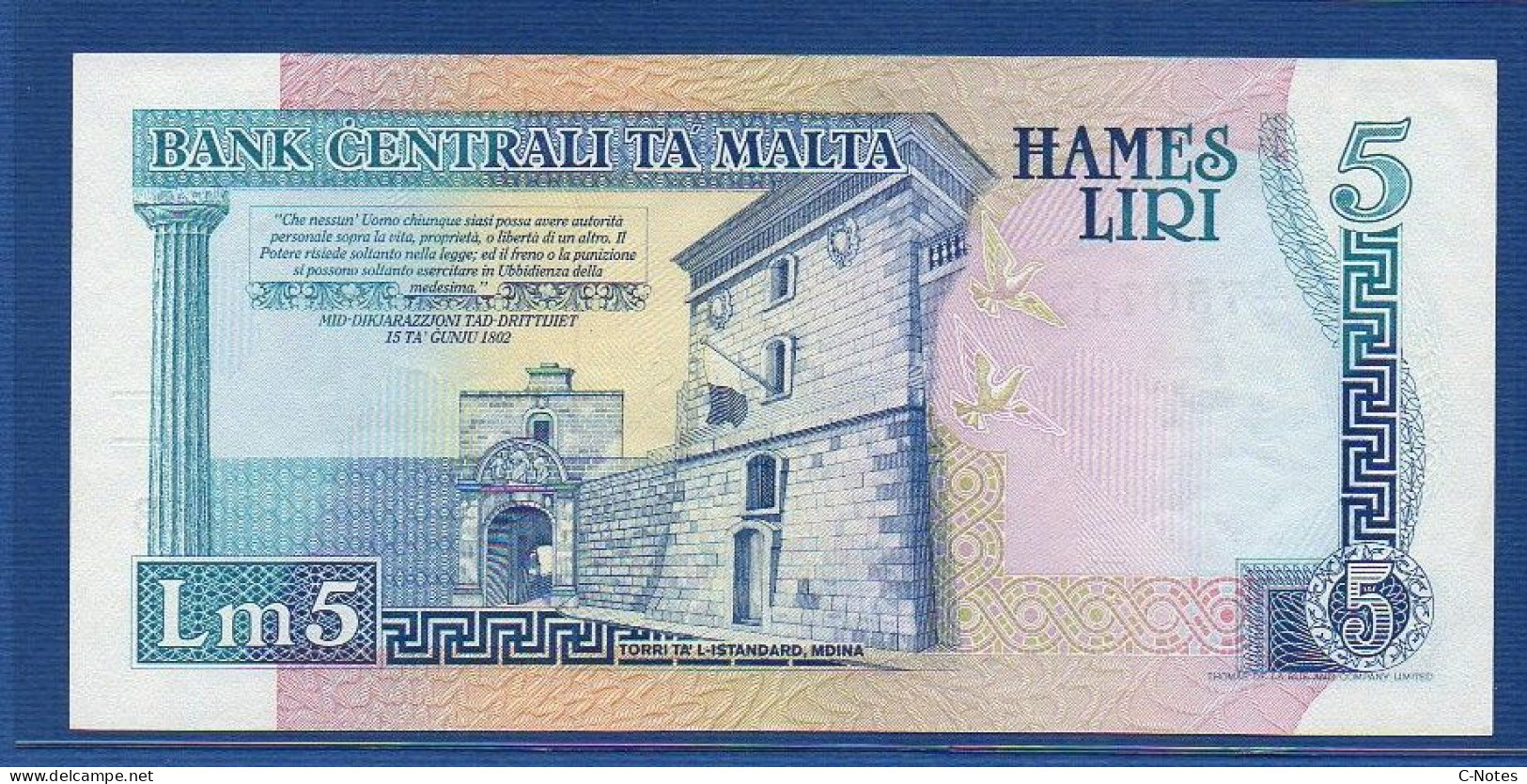 MALTA - P.42 – 5 Liri L. 1967 (1989) XF+, S/n B/2 750713 - Malte