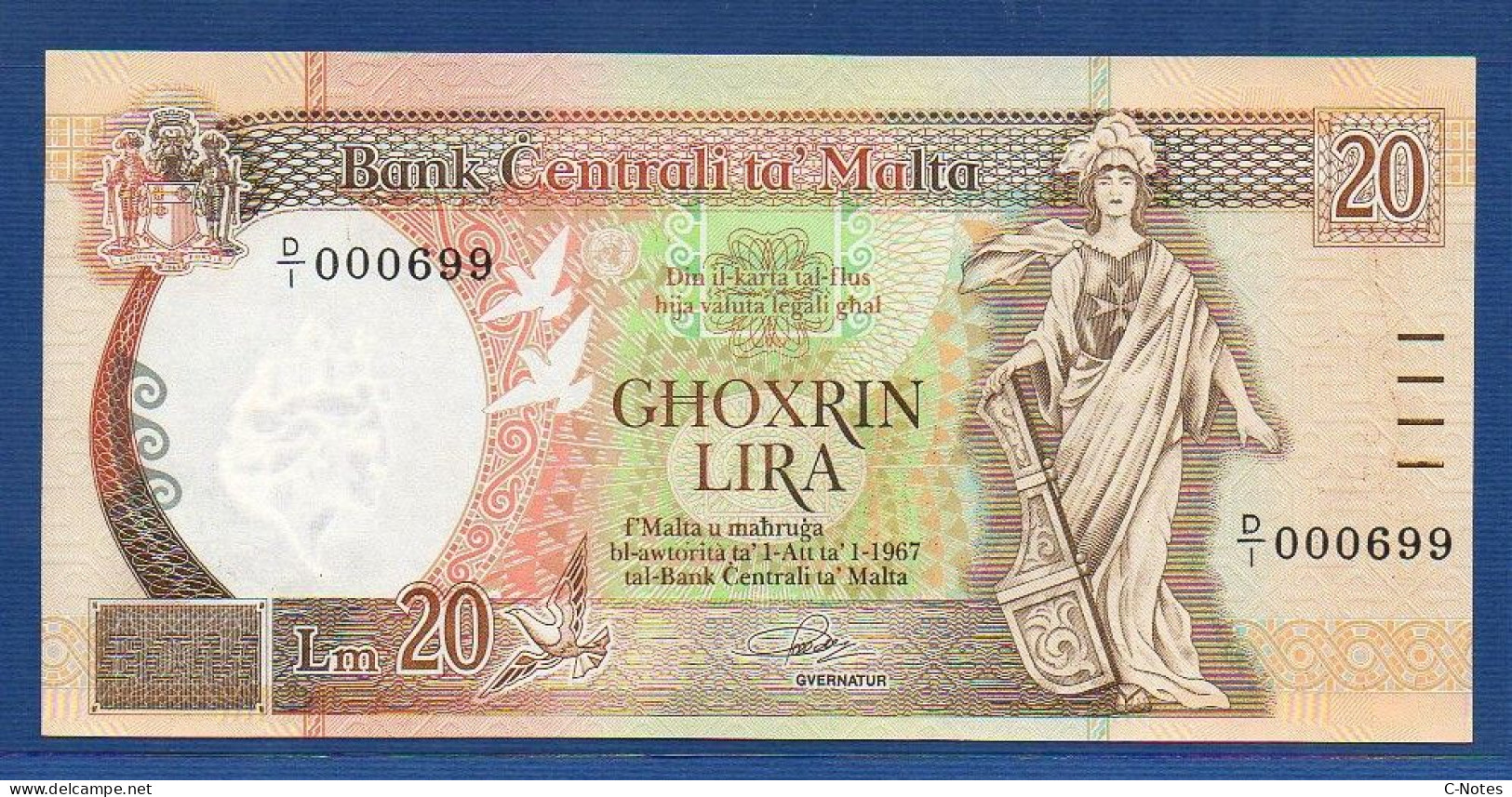 MALTA - P.44 – 20 Liri L. 1967 (1989) UNC, S/n D/1 000699  LOW NUMBER - Malte