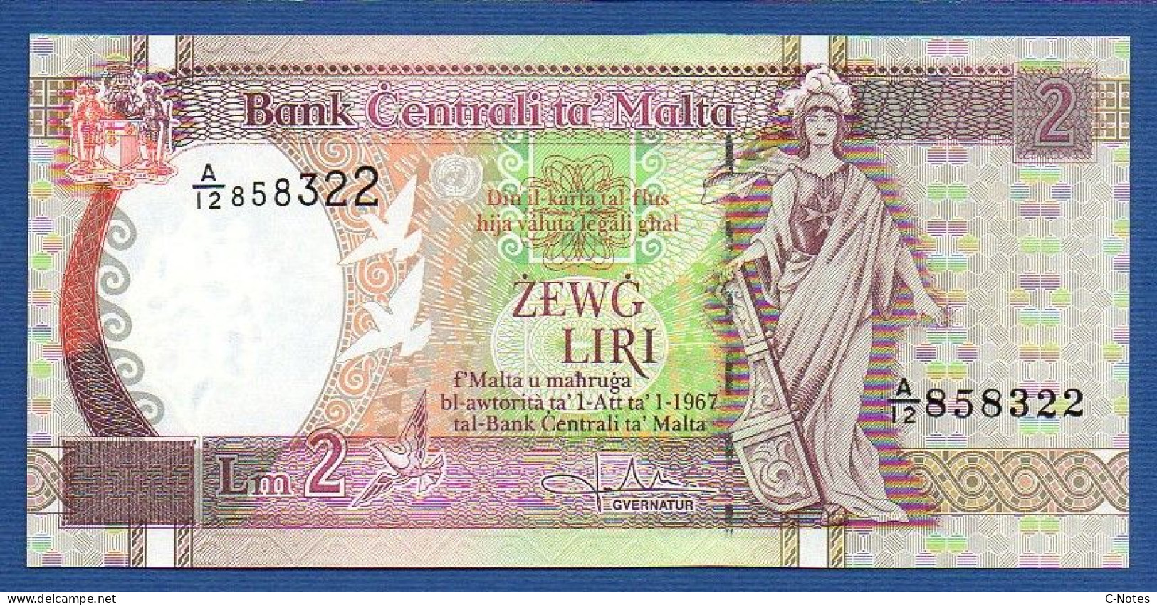 MALTA - P.45b – 2 Liri L. 1967 (1994) UNC, S/n A/12 858322 - Malta