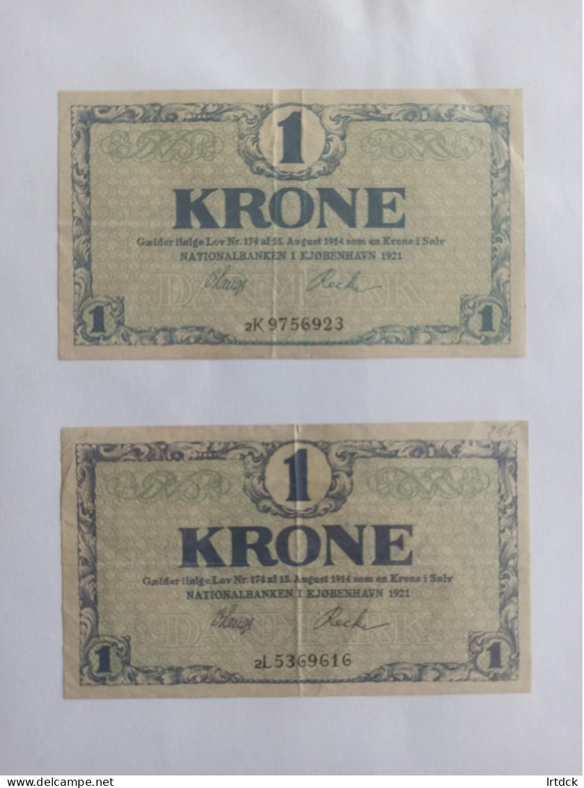 2 Billets Danemark  1 Krone 1921  TTB - Denmark