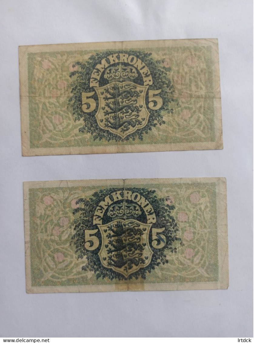 2 Billets Danemark 5 Kroner 1942 Et 1943 - Dinamarca