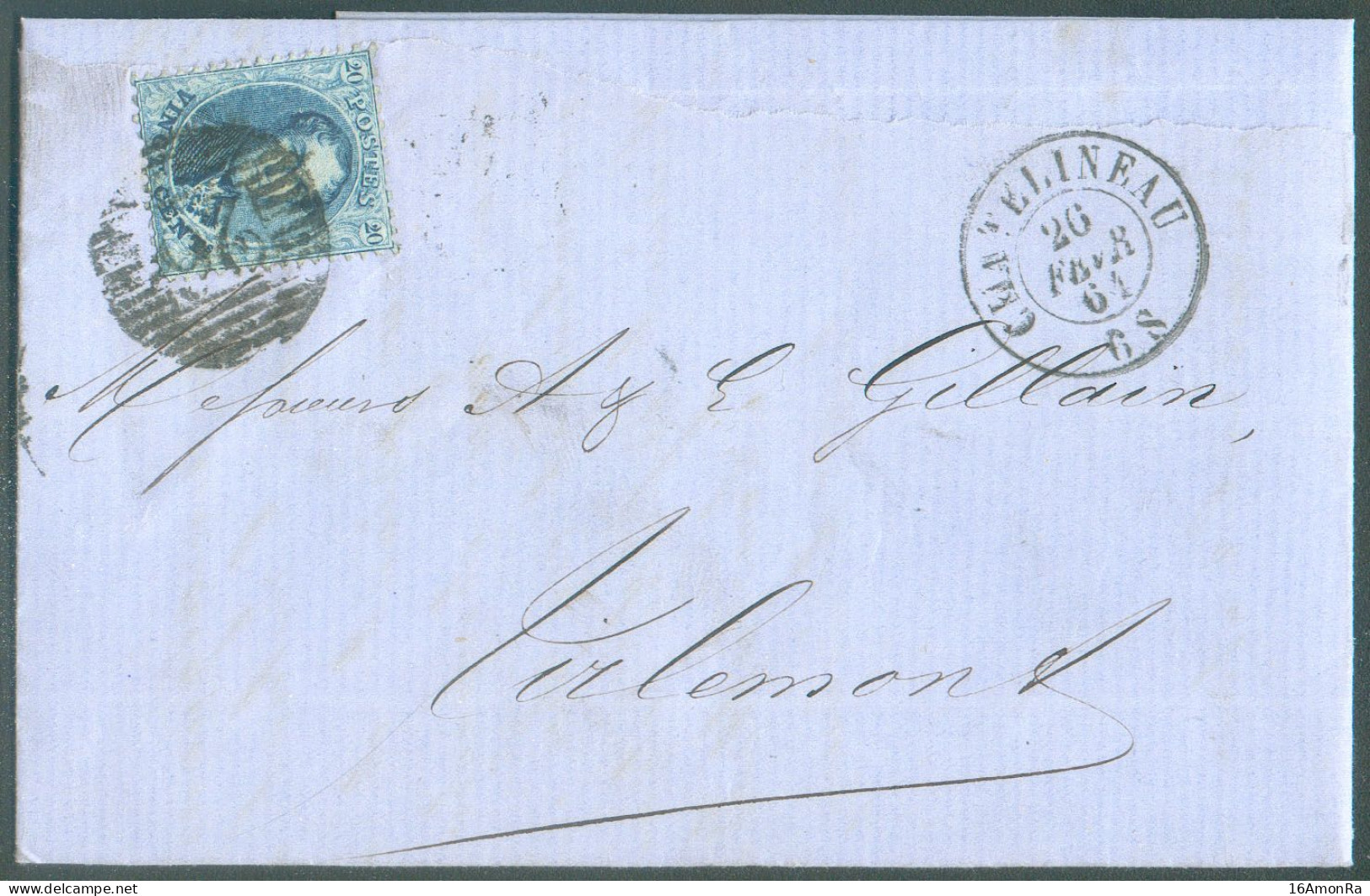 N°15 - Médaillon 20 Centimes Bleu Obl. P.26 Sur Lettre De CHATELINEAU Le 26 Févr. 1864  Vers Tirlemont - 21033 - 1863-1864 Medallions (13/16)