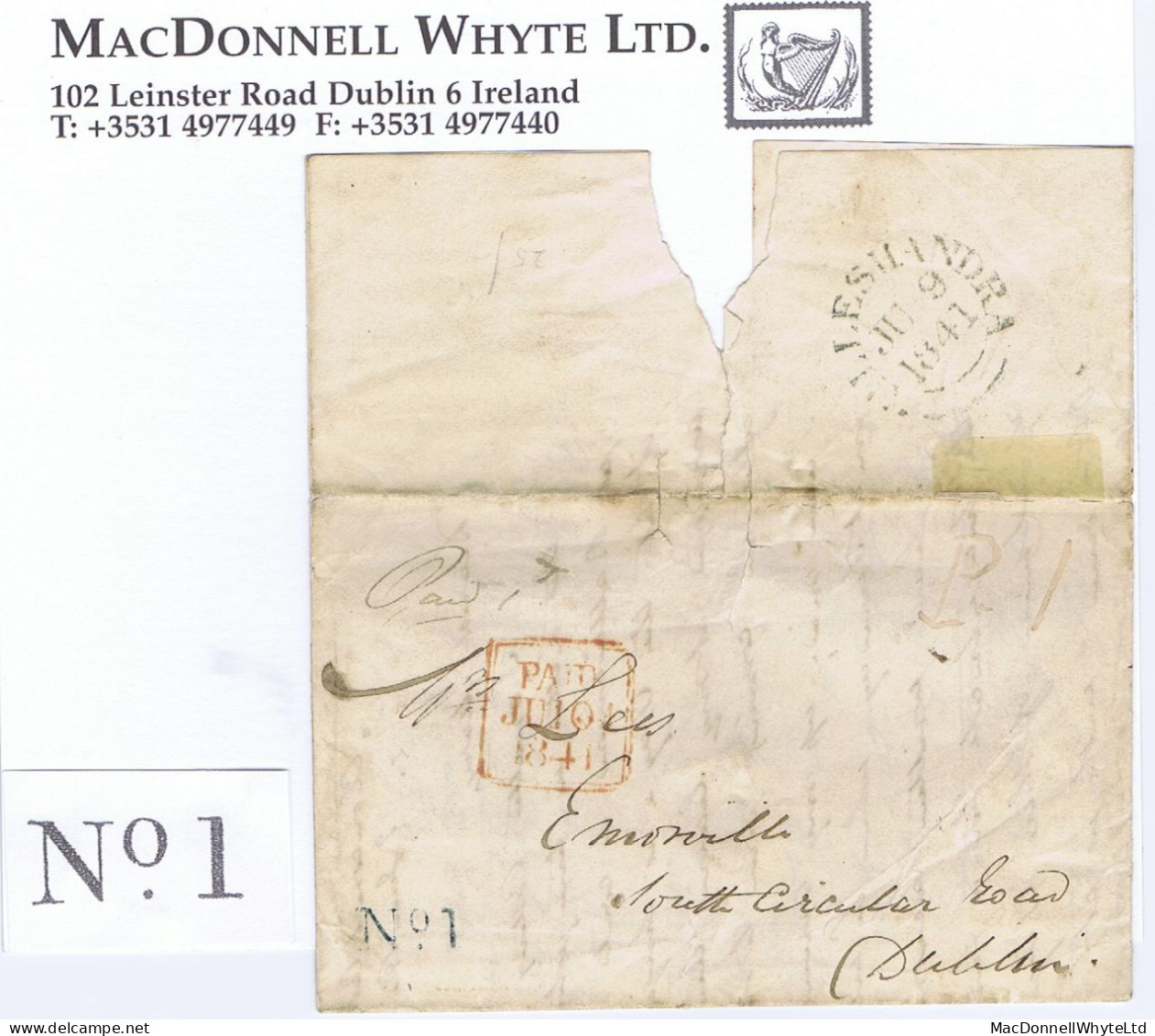 Ireland Leitrim Cavan 1841 Cover To Dublin Posted At Carrigallen (sub-office To Killeshandra) With Unframed "No.1" RH - Prephilately