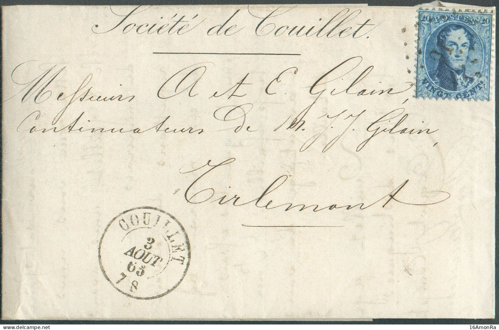 N°15 - Médaillon 20 Centimes Bleu Obl. LP.91 Sur Lettre De COUILLET Le 3-08-1865  Vers Tirlemont  - 21038 - 1863-1864 Medaillen (13/16)