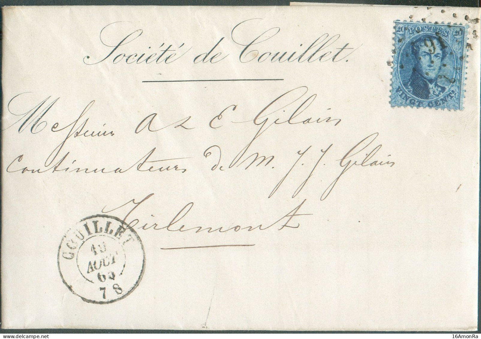 N°15 - Médaillon 20 Centimes Bleu Obl. LP.91 Sur Lettre De COUILLET Le 19-08-1865  Vers Tirlemont  - 21039 - 1863-1864 Medallions (13/16)