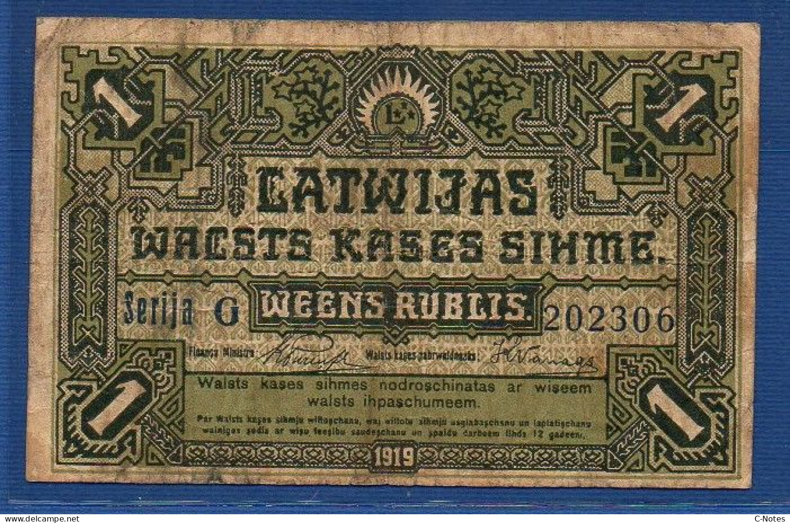 LATVIA - P. 2b – 1 Rublis 1919 VG/F, S/n G 202306 - Lettonie