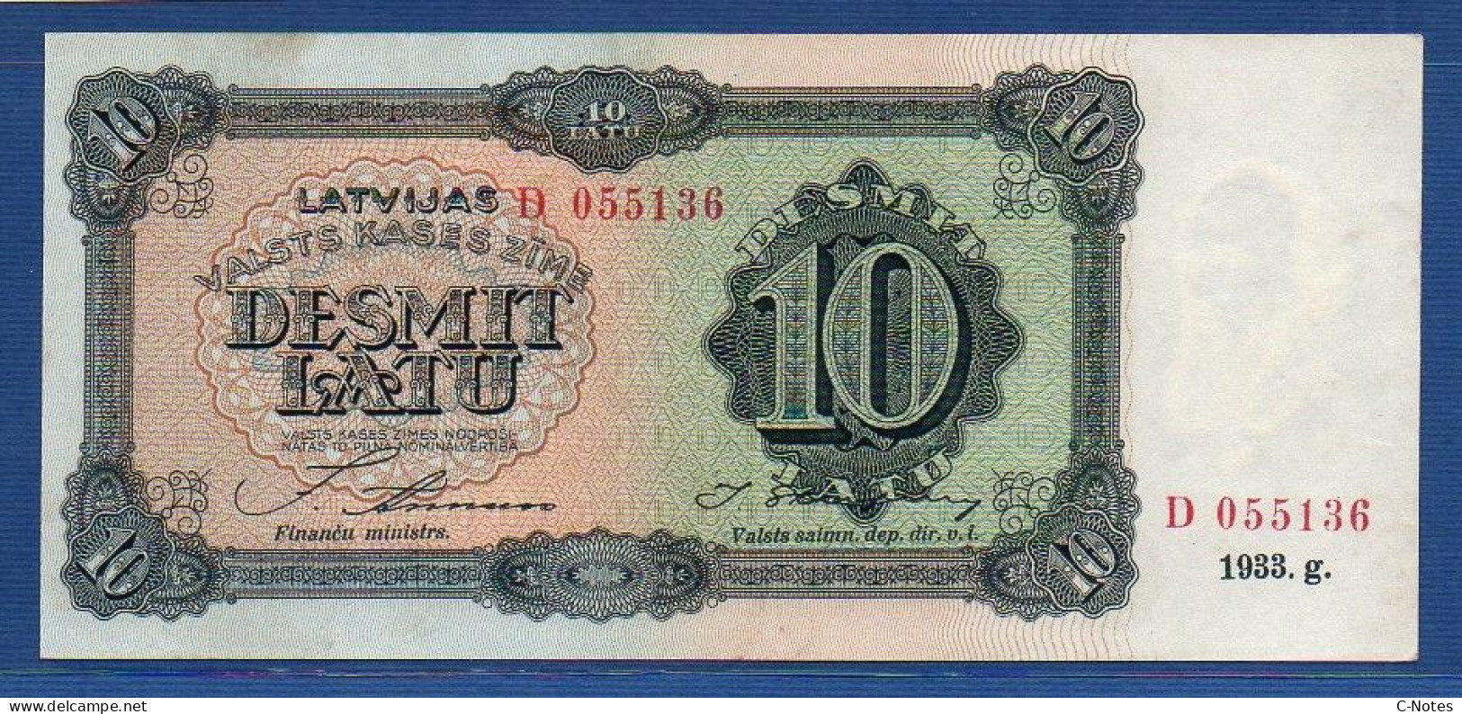 LATVIA - P.25a – 10 Latu 1933 XF+, S/n D 055136 - Lettonie