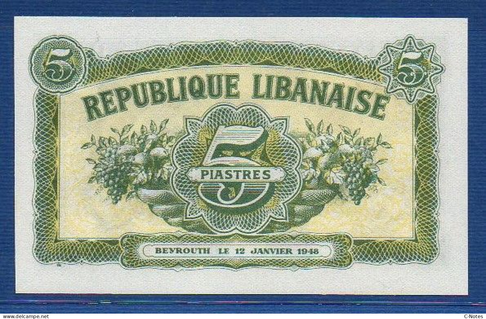 LEBANON - P.40 –  5 Piastres 1948 UNC, S/n C.543377 - Liban