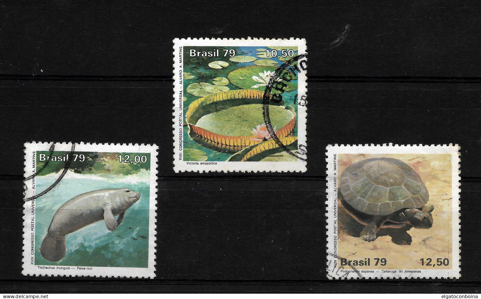 BRAZIL 1979 AMAZON NATIONAL PARK FAUNA TURTLE FISH FLORA SET OF 3 USED - Gebraucht