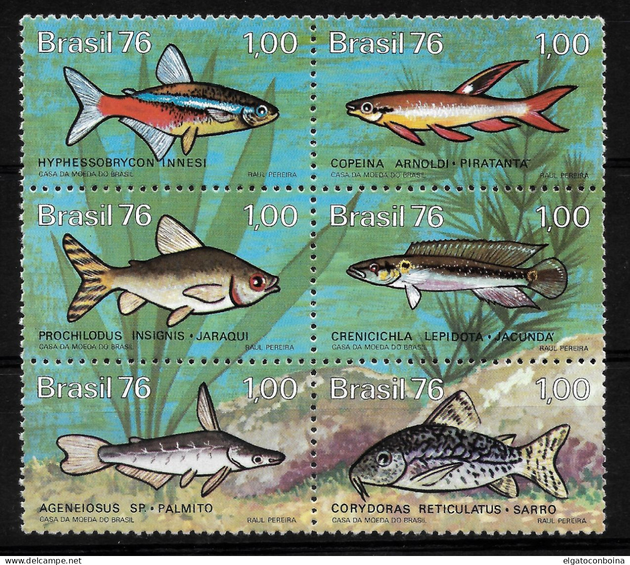 BRAZIL 1976 BRAZILIAN FRESHWATER FISH FAUNA BLOCK OF 6 DIFF MINT NH SC 1460/65 - Gebruikt